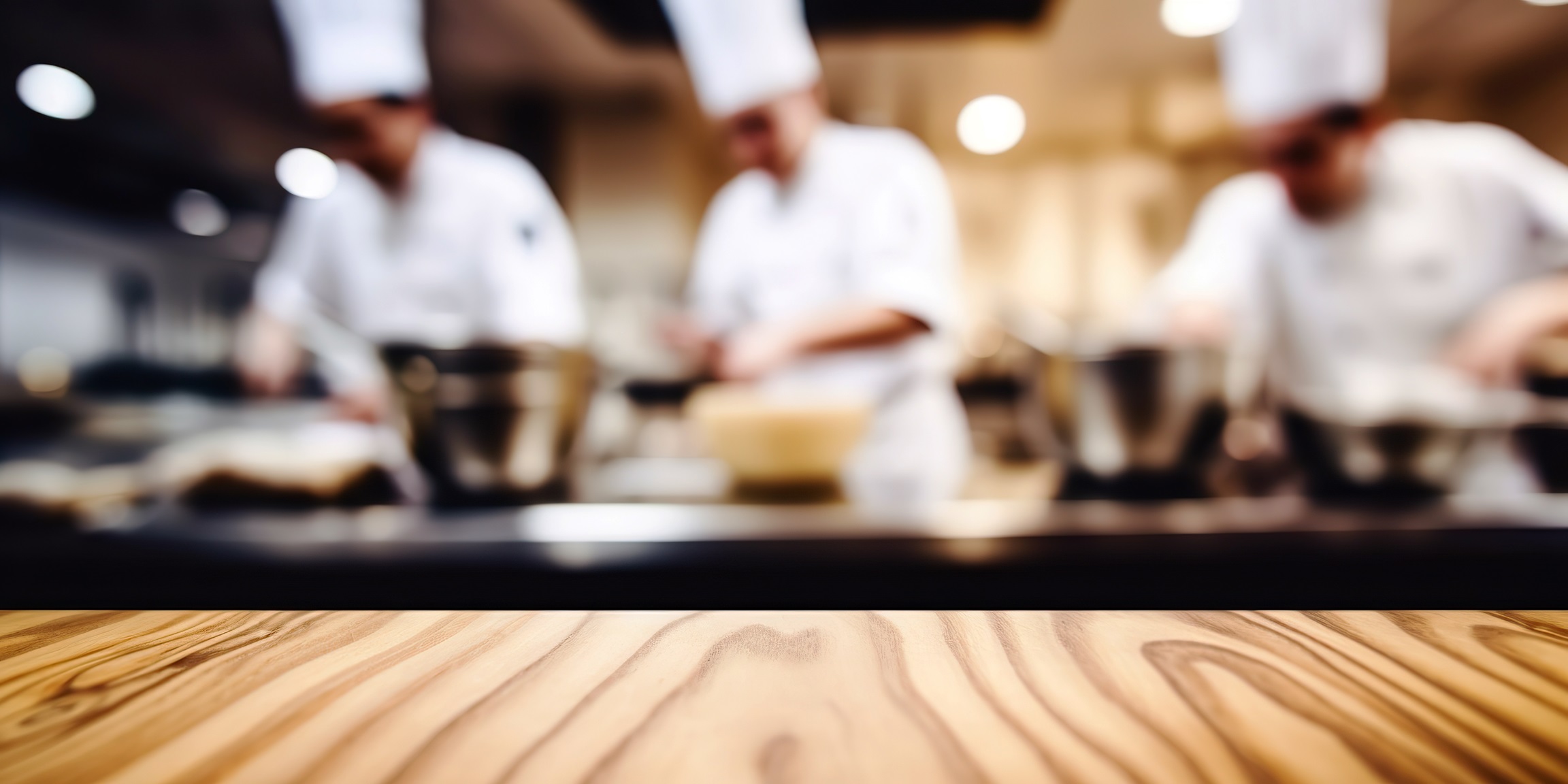 Empty,Wood,Table,Top,With,Chef,Cooking,In,Restaurant,Kitchen